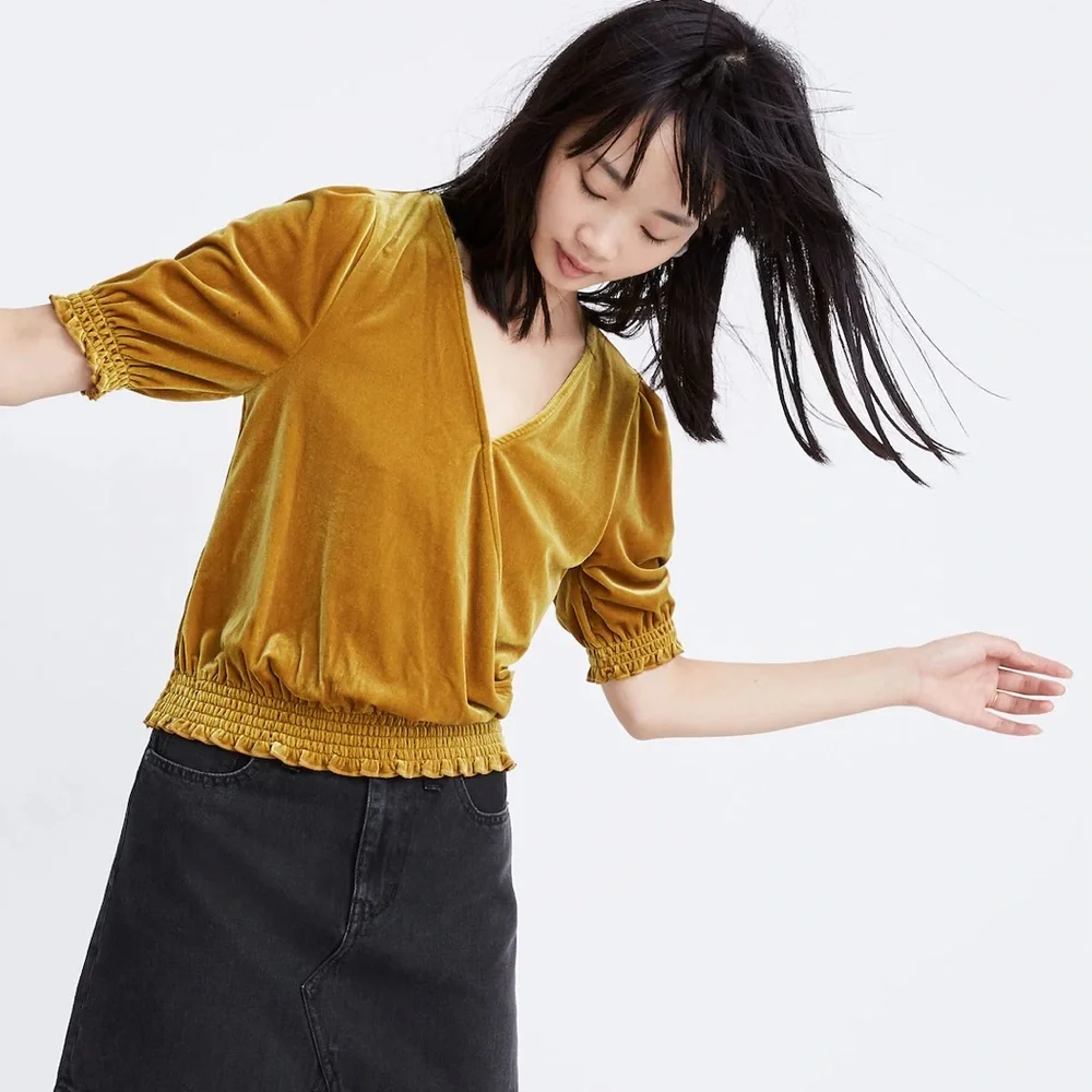New Madewell Velvet Smocked Crossover Golden  Boho Blouse Top Mustard Gold